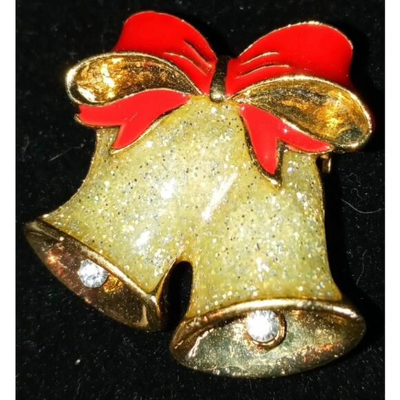 Avon Christmas Bells Gold Tone Red Ribbon Vintage Brooch - Picture 2 of 3